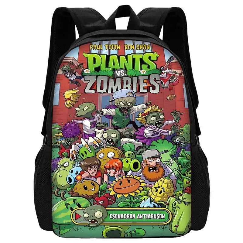 Kids black Plants vs Zombies backpack with vibrant graphic artwork for school use