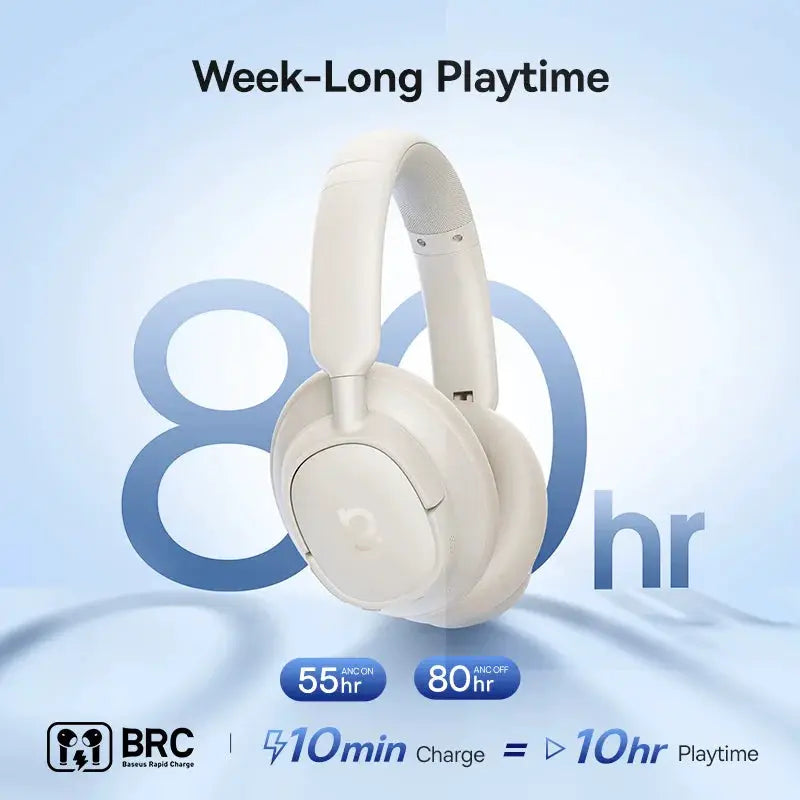 Baseus Bass EH10 NC wireless over-ear headphones in white with 80 hr playtime