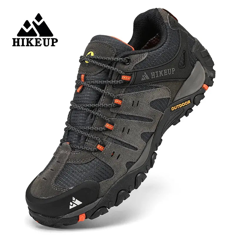 HIKEUP men's hiking shoes in dark suede leather with rugged black outsole and orange accents