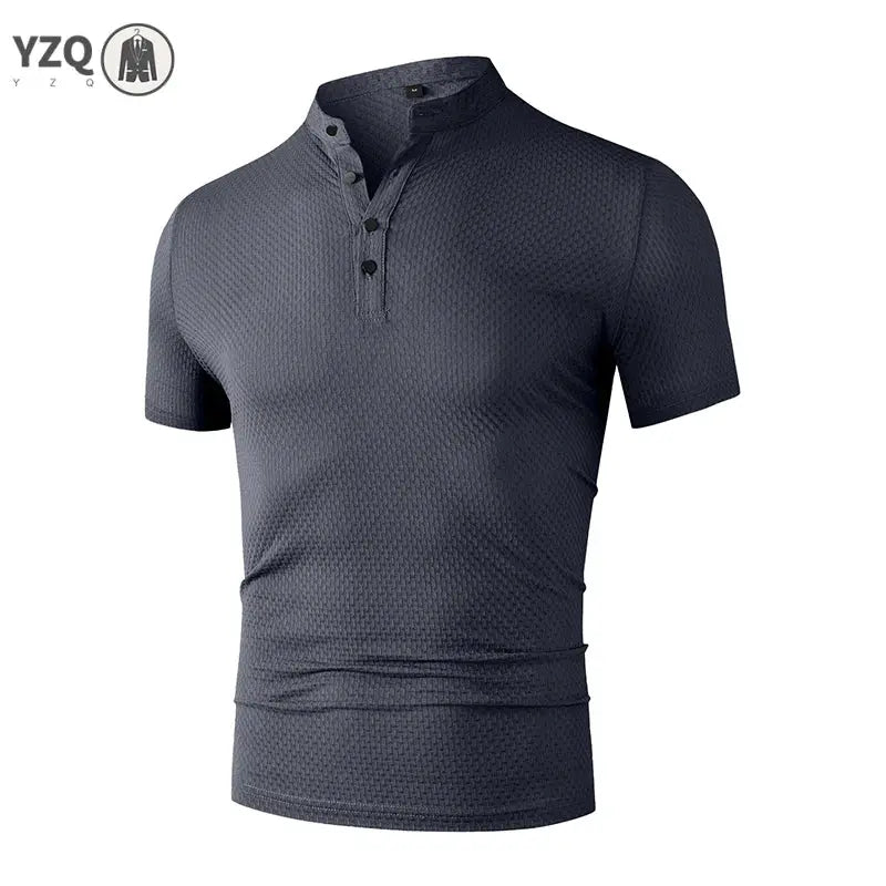 Men's short-sleeve polo shirt in navy textured fabric, breathable and versatile; YZQ logo visible.