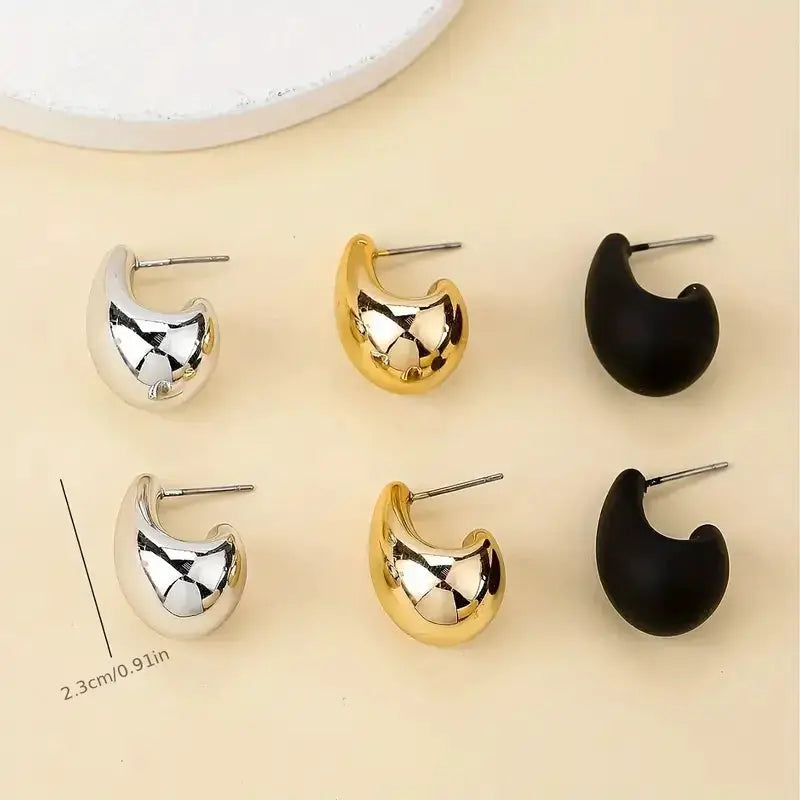 Vintage teardrop stud earring set; Simples Market in silver, gold and black finishes, 3 pairs lightweight fashion earrings