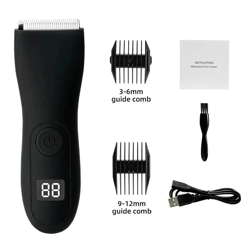 HOMEFISH body hair trimmer by Simples Market, black device with two guide combs (3–6mm, 9–12mm).