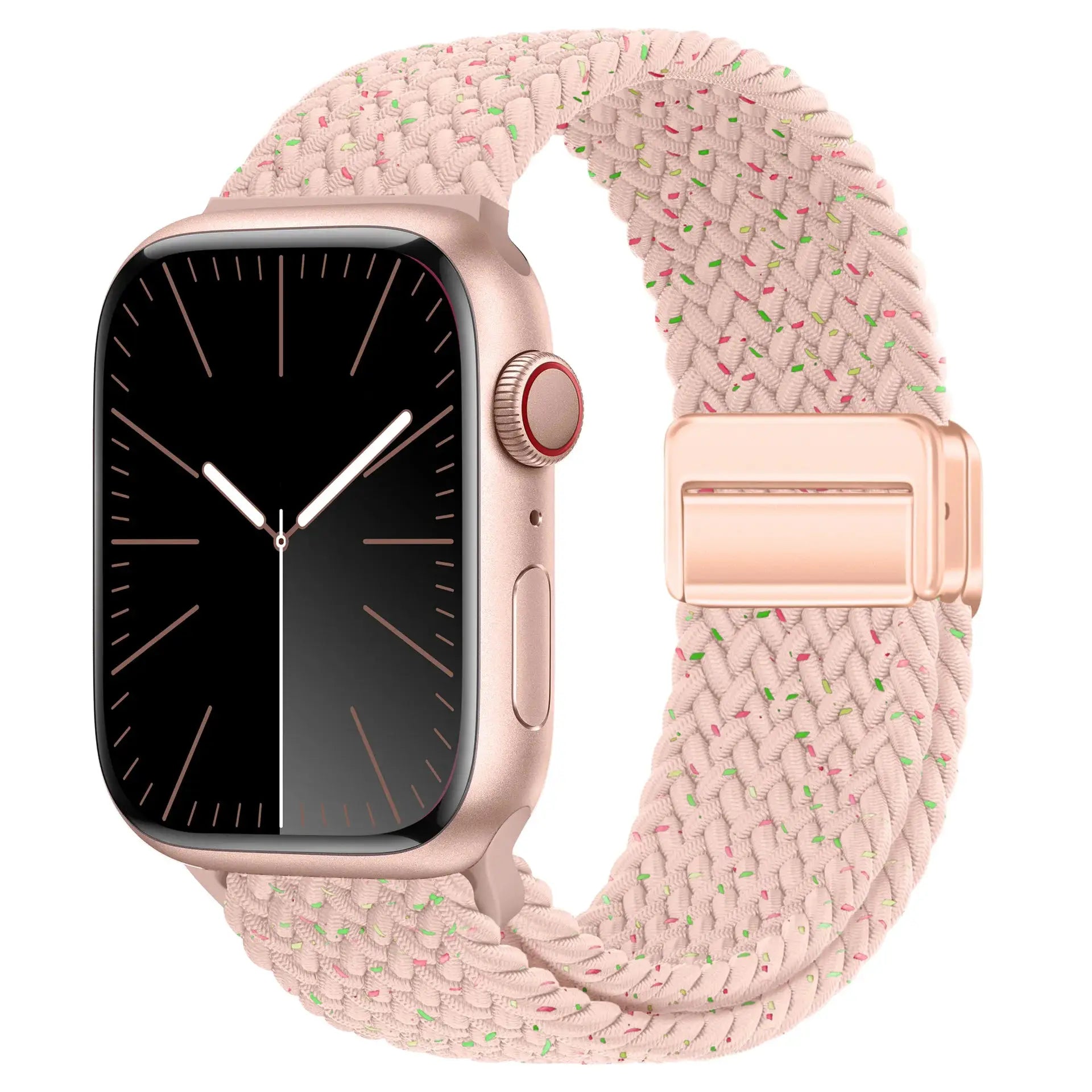 Braided Apple Watch band by Simples Market, pink speckled nylon with rose-gold buckle, fits 38–49mm