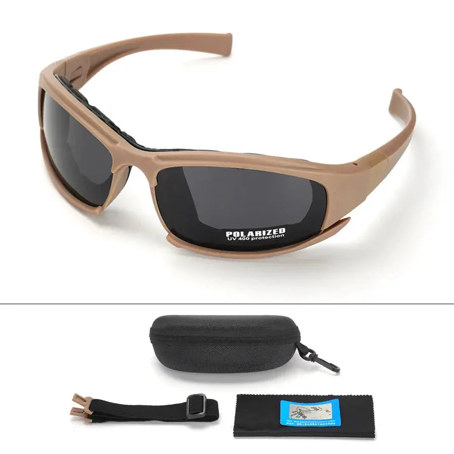 Tan 4-lens tactical goggles with polarized dark lenses (UV400); includes black hard case, strap, and cleaning cloth
