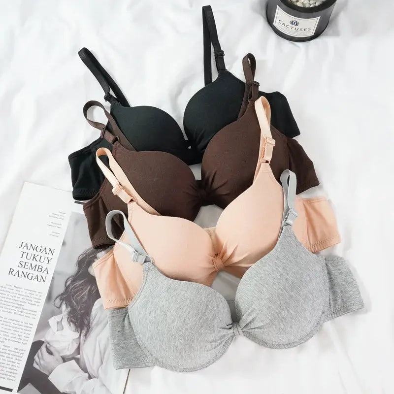 Four-pack women's cotton gathered underwire bras with push-up cups in black, brown, nude, gray from Simples Market