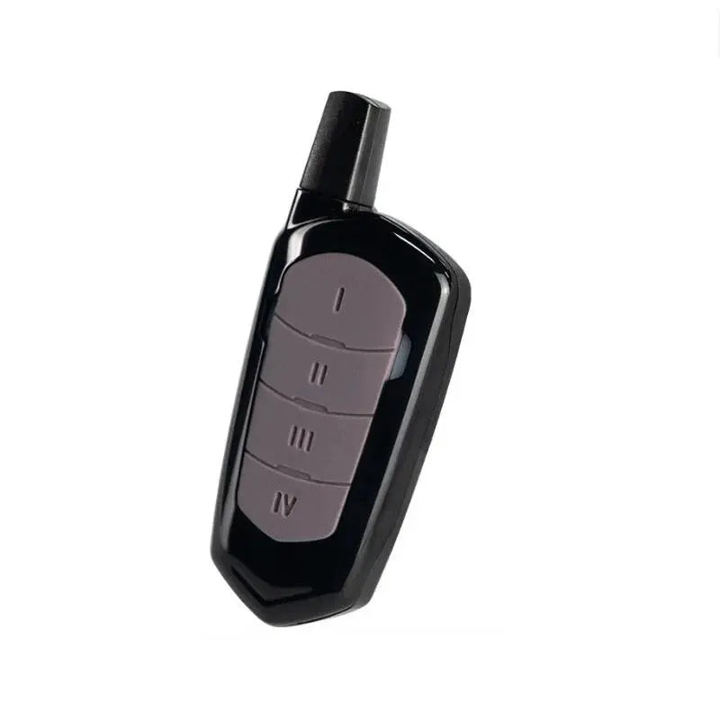 Garage remote control duplicator, black plastic case with four purple buttons