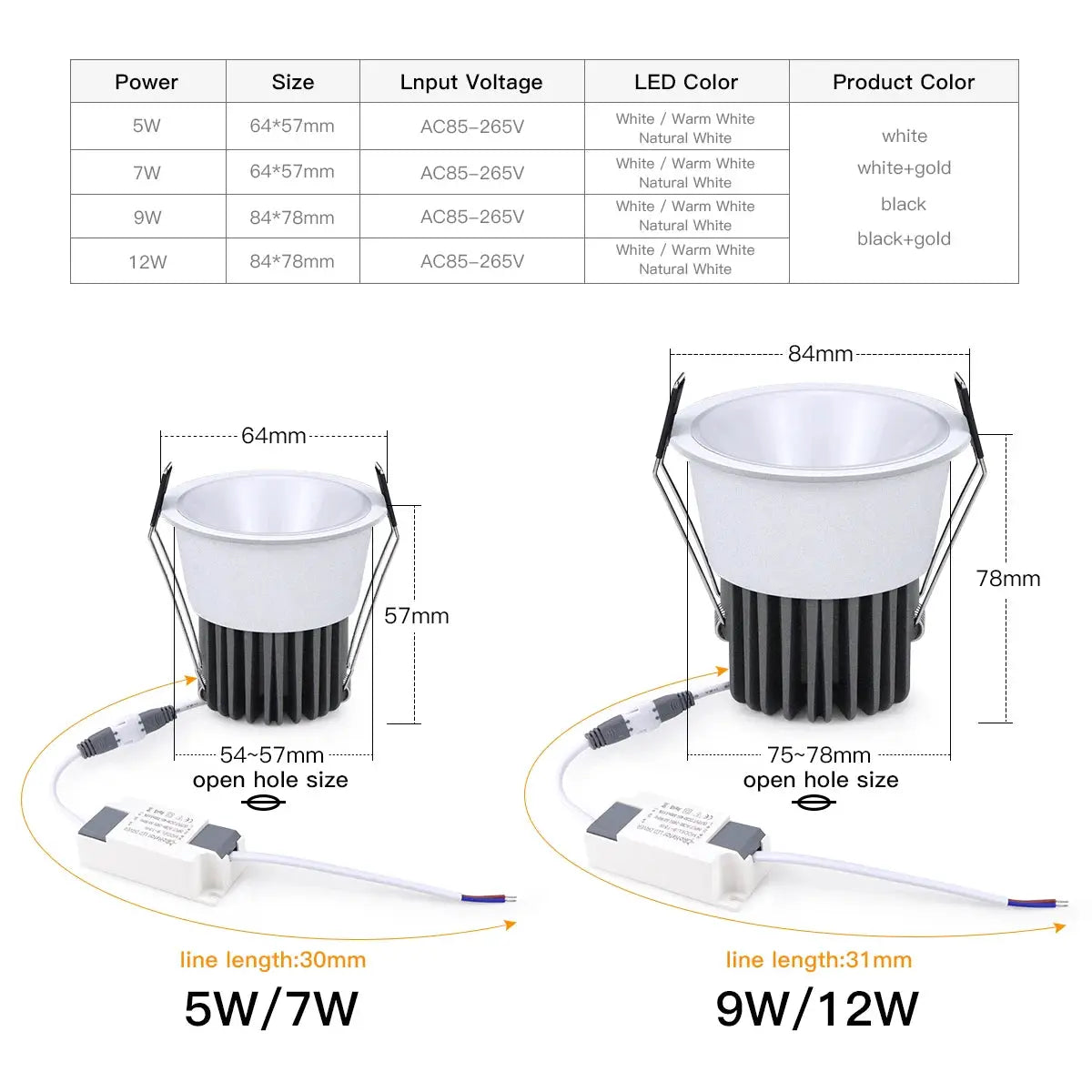 Two white recessed aluminum COB LED spotlight bulbs, 5W/7W and 9W/12W with drivers, Simples Market
