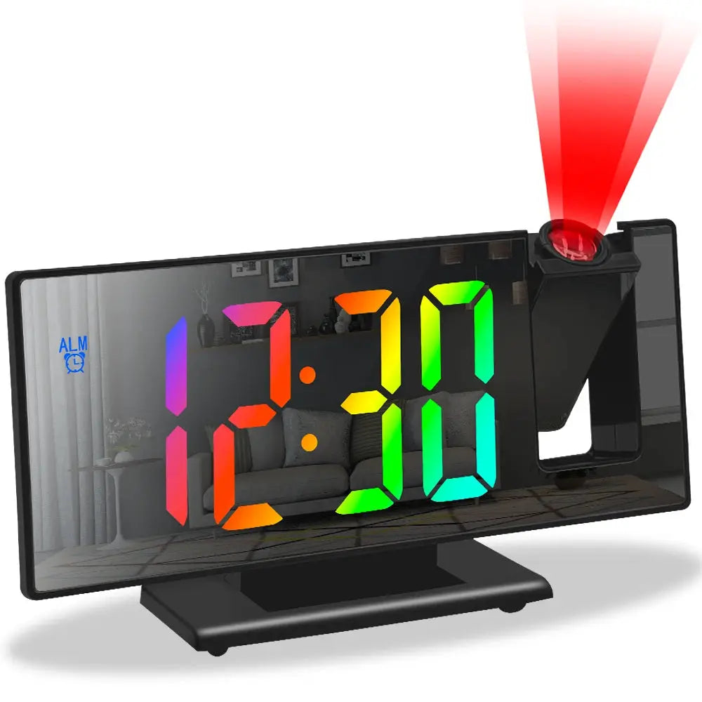 USB-powered digital alarm clock with 180° projection and rainbow LED digits