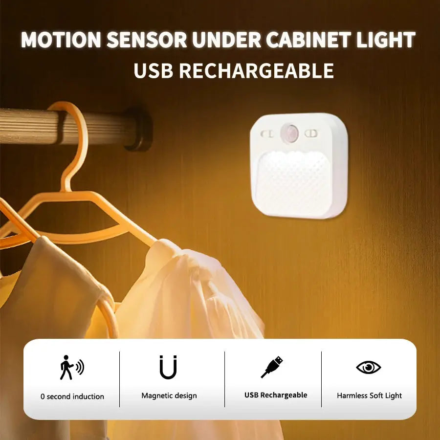 Motion sensor night light by Simples Market, USB rechargeable, white square, magnetic stick-on for cabinets.