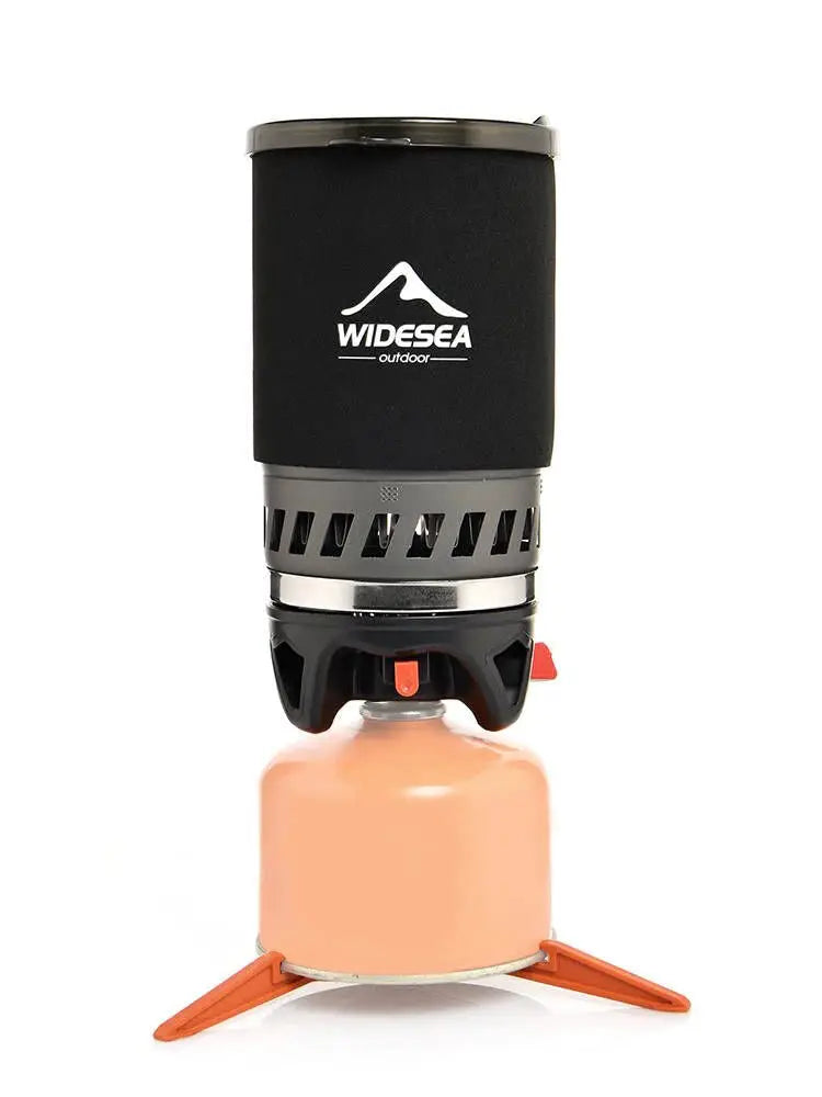 Widesea portable camping coffee maker set with 0.9L French press, black insulated sleeve, and orange stove base