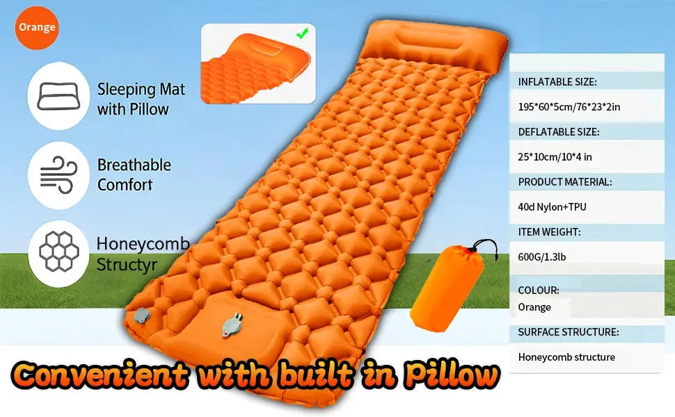 Inflatable sleeping mat orange with built-in pillow for camping by Simples Market