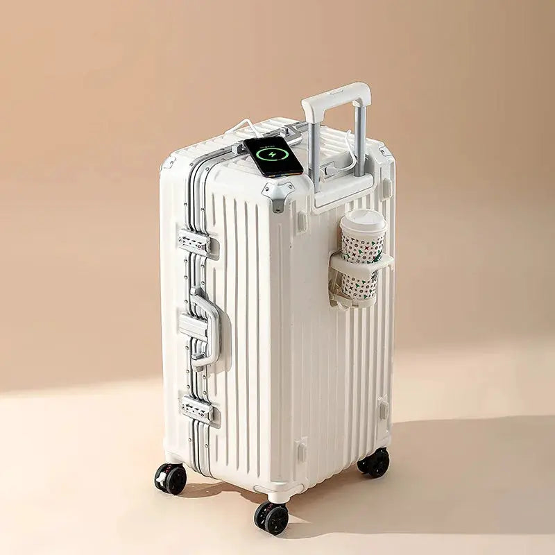 Luggage set: white hard-shell suitcases with USB charging, four-spinner wheels