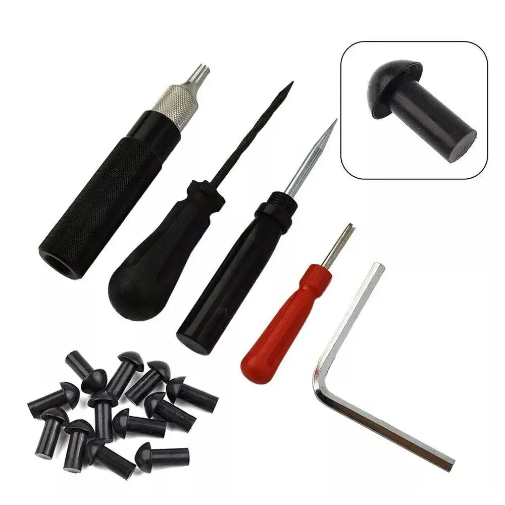 Outer Tire Puncture Repair Kit by Simples Market, 17-piece set with mushroom plugs and black-handled tools