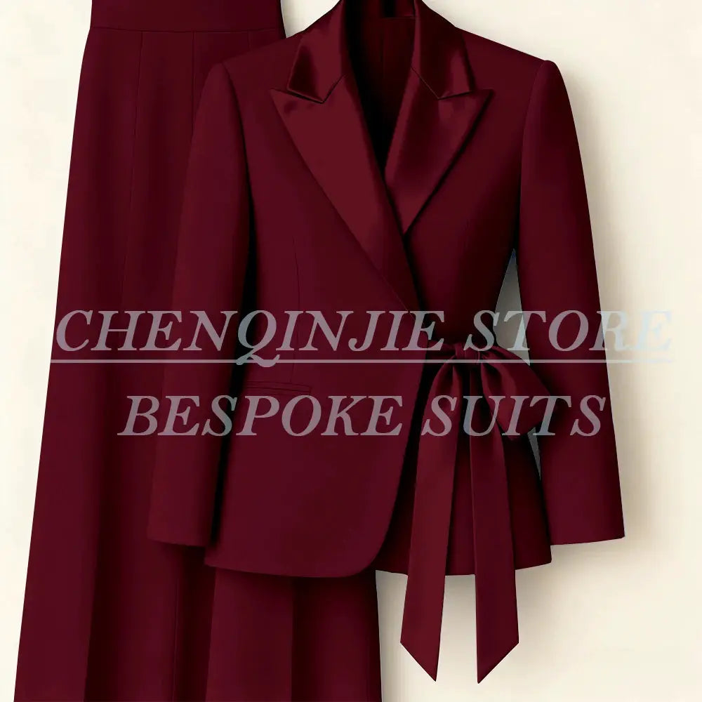 Women's burgundy blazer suit, 2-piece with peak lapel and waist belt by Simples Market