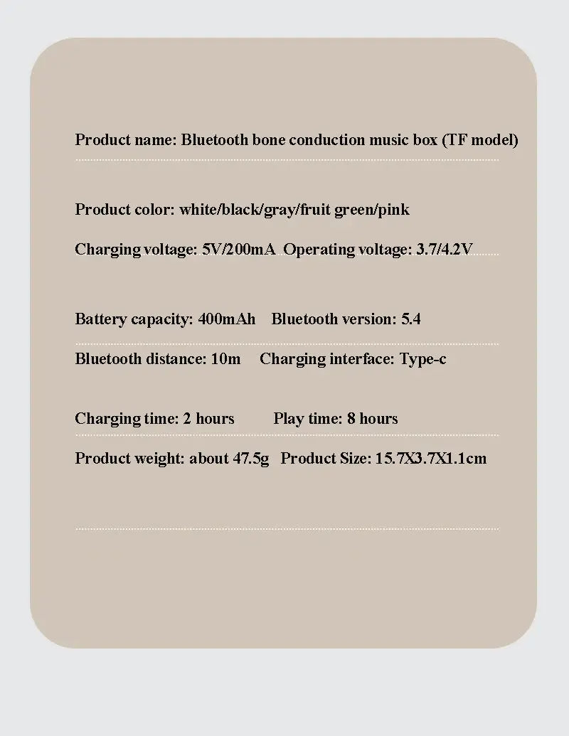 Bluetooth bone conduction music box TF model; color options white black gray pink; Type-C, 400mAh, BT 5.4