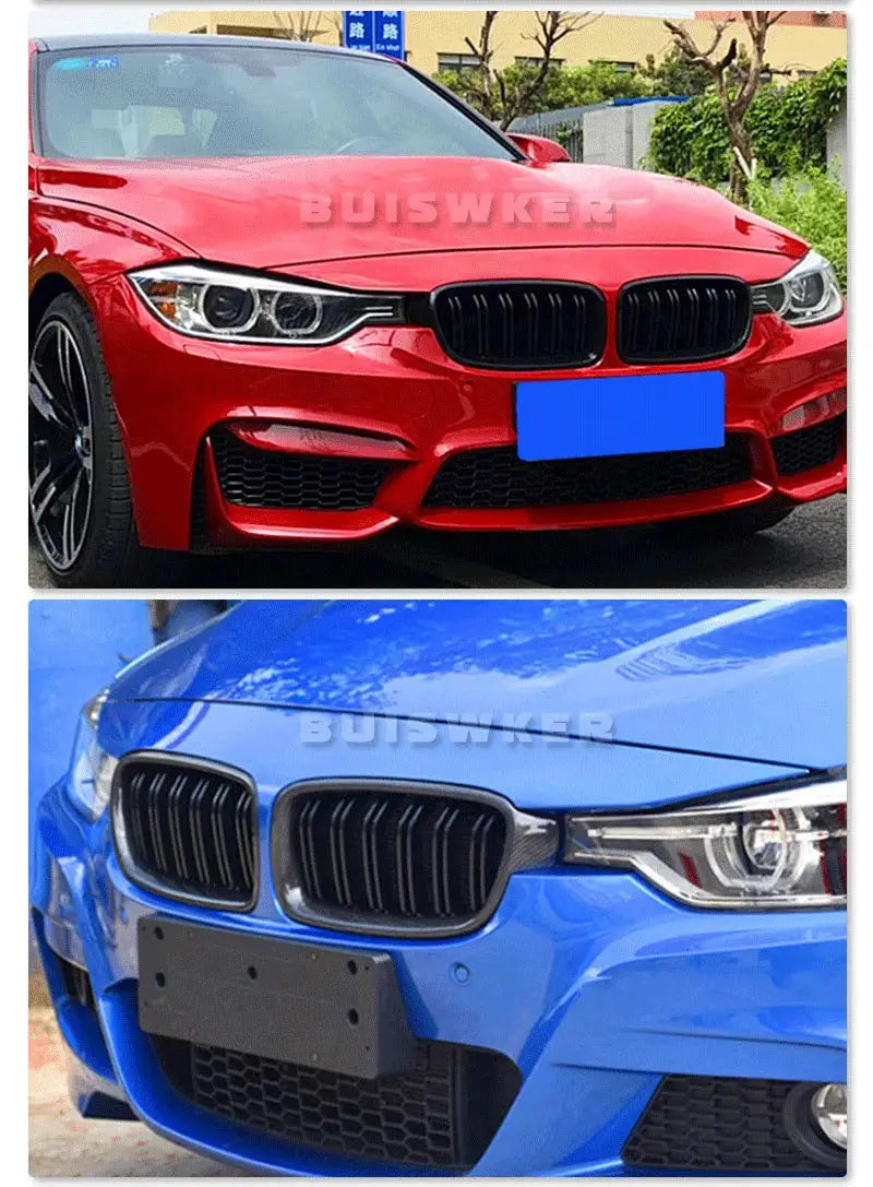 BMW front kidney grille dual-slats, ABS plastic, for F30/F31/F35 (2012–2018) by Simples Market; red and blue