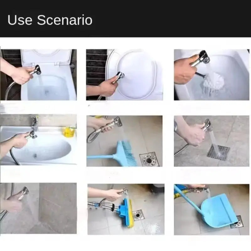 Handheld bidet sprayer with flexible hose by Simples Market, chrome finish – collage of bathroom use scenarios