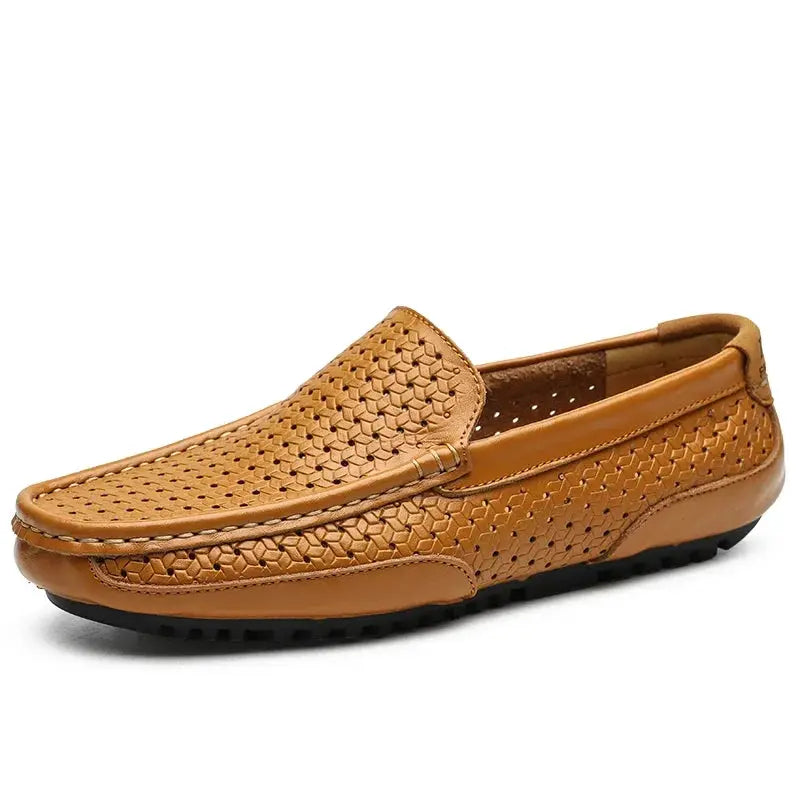 Simples Market men's leather loafers in tan with hollow-out breathable woven moccasin design