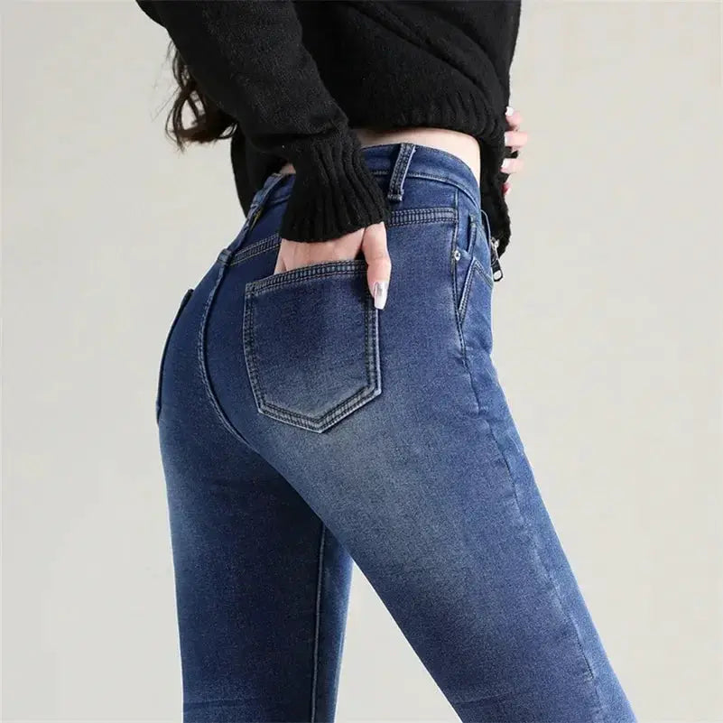 Women Thermal Skinny Jeans With Plush Lining Warm Winter Denim Pants