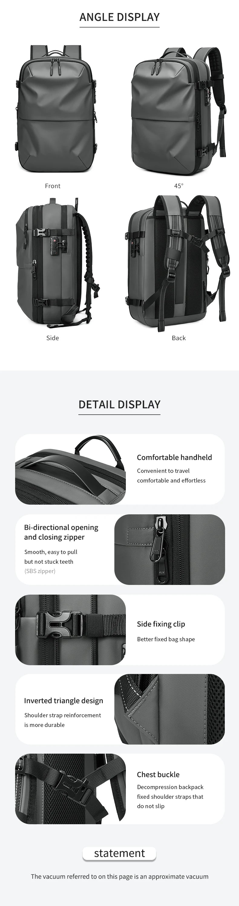 Men's gray travel backpack by Simples Market with vacuum compression for 17-inch laptops.