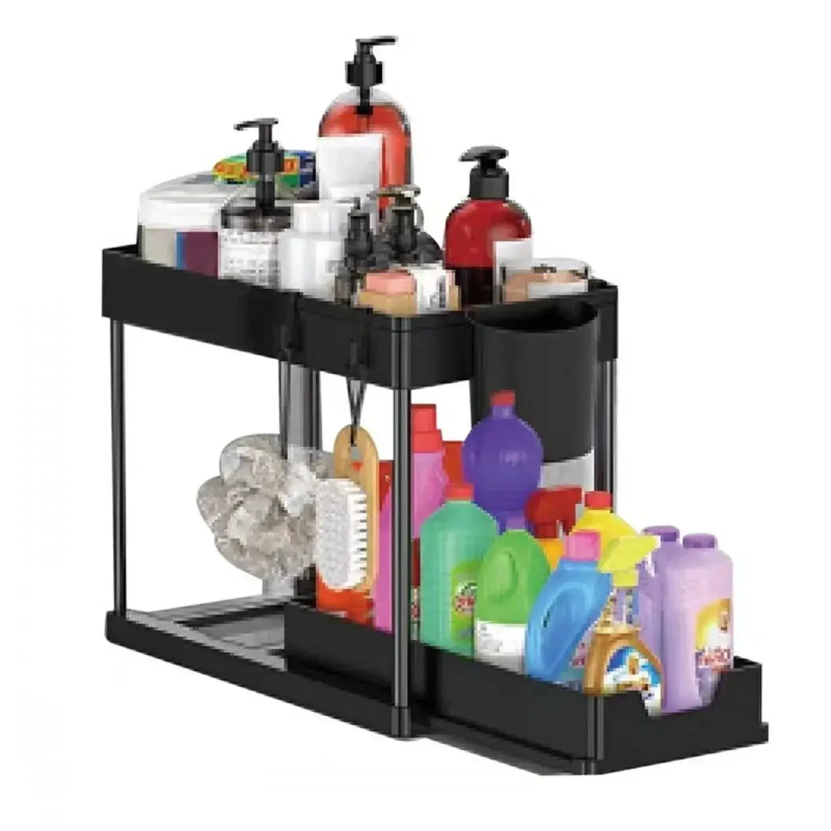 Multifunctional 2-tier under-sink sliding black cabinet organizer with hooks by Simples Market