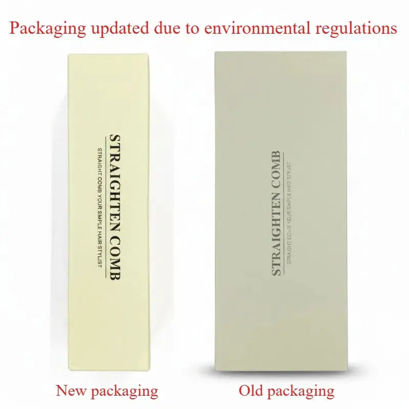 USB charging portable hair straightener brush by Simples Market; two packaging boxes shown: new cream vs old gray.