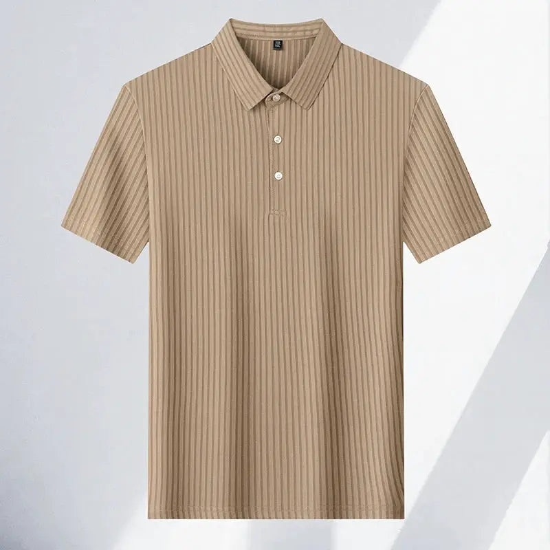 Beige striped men's polo shirt with short sleeves, collar and button placket