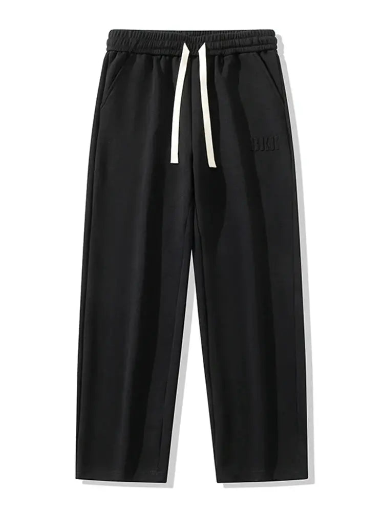 Men's black cotton sweatpants with white drawstring, wide-leg straight fit, 8XL Simples Market