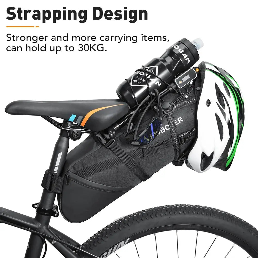 NEWBOLER 10L waterproof bike saddle bag showing strapping design for strong carrying capacity up to 30KG.