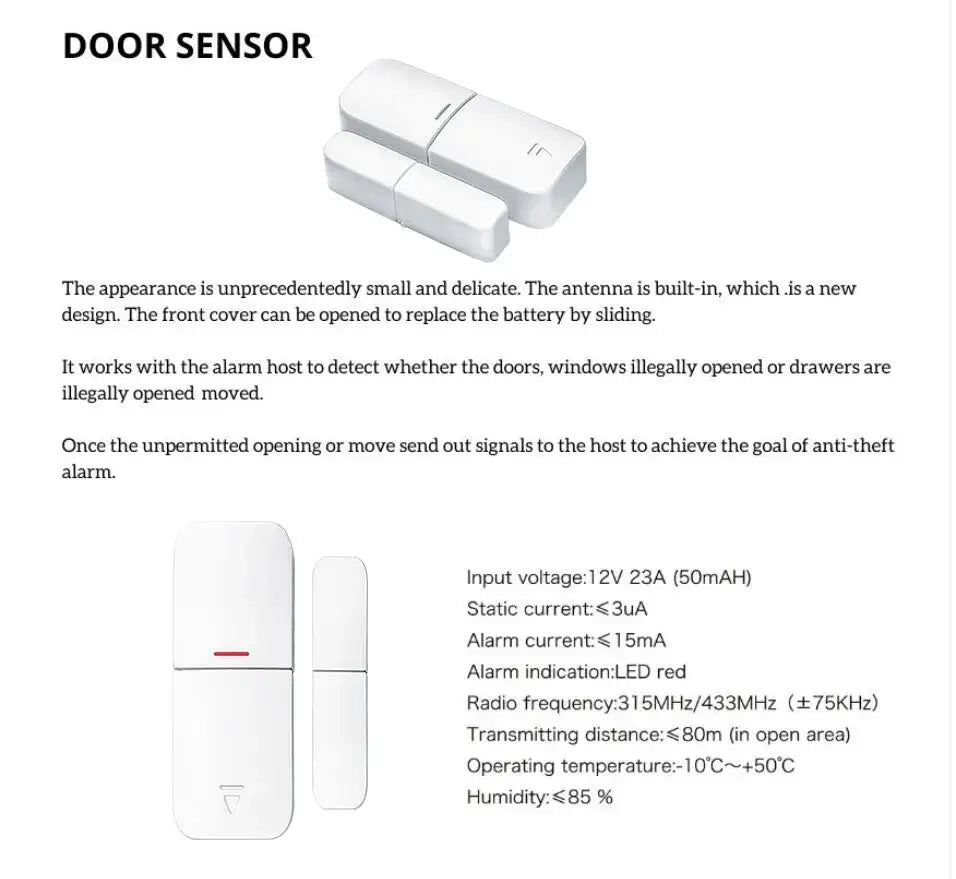 Door sensor pair: two white wireless alarm sensors, compact two-piece design.