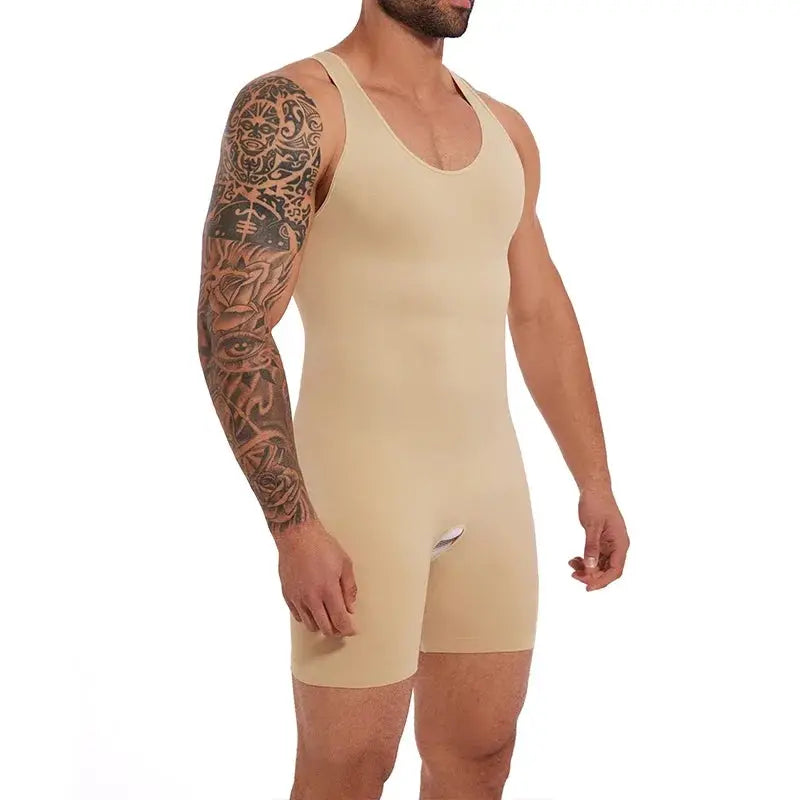 Men's full-body shapewear sleeveless bodysuit in beige, Simples Market.