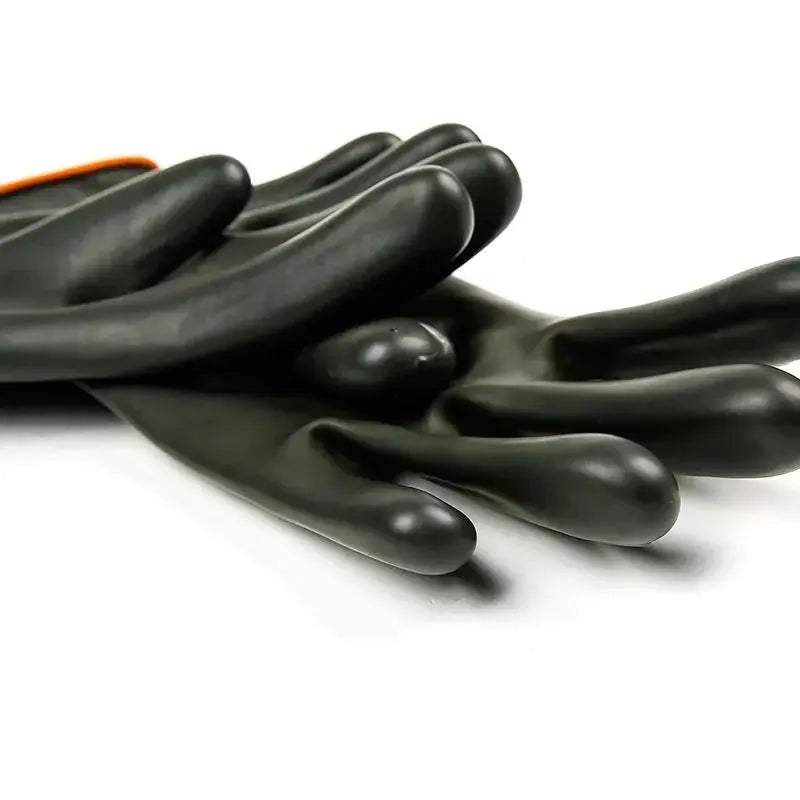 Simples Market heavy-duty black rubber acid-alkali resistant chemical work gloves, multiple protective gloves shown.