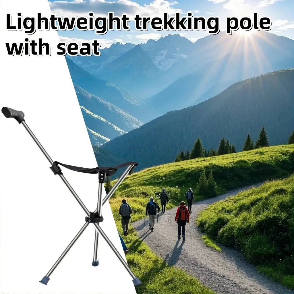 2-in-1 folding trekking cane with seat; lightweight aluminum frame for hiking and camping.
