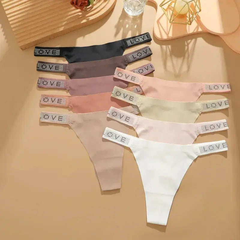 Simples Market low-rise thong panties set in assorted colors with rhinestone LOVE waistband