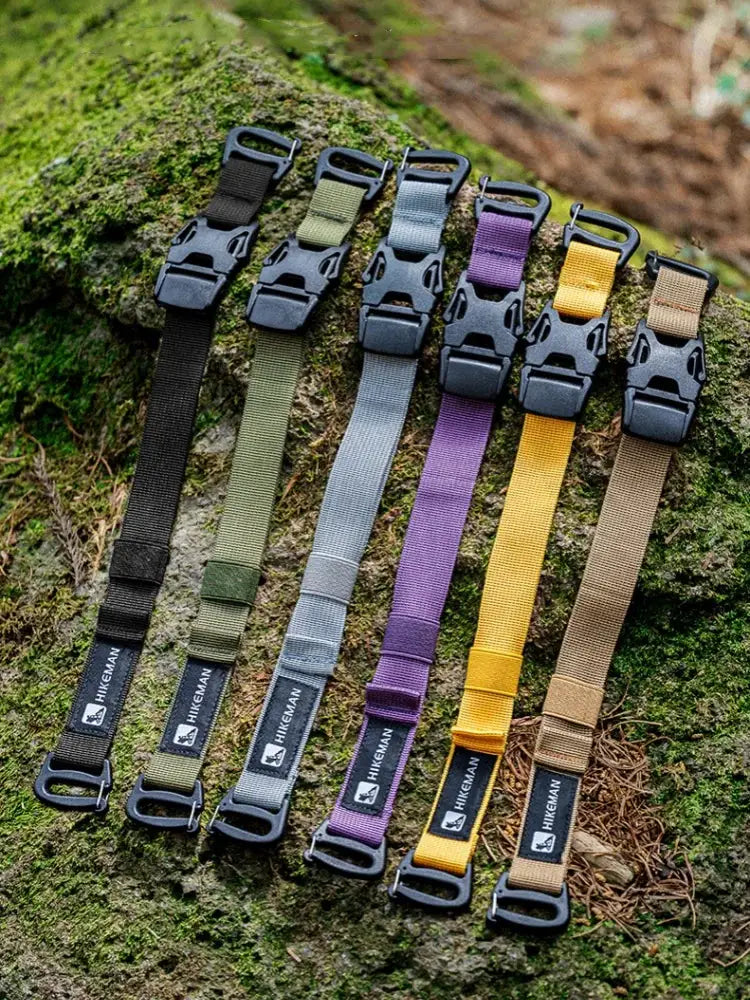 Outdoor luggage straps set of 6 by HIKEMAN; adjustable plug-in buckle packing straps in black, olive, gray, purple, yellow, tan.