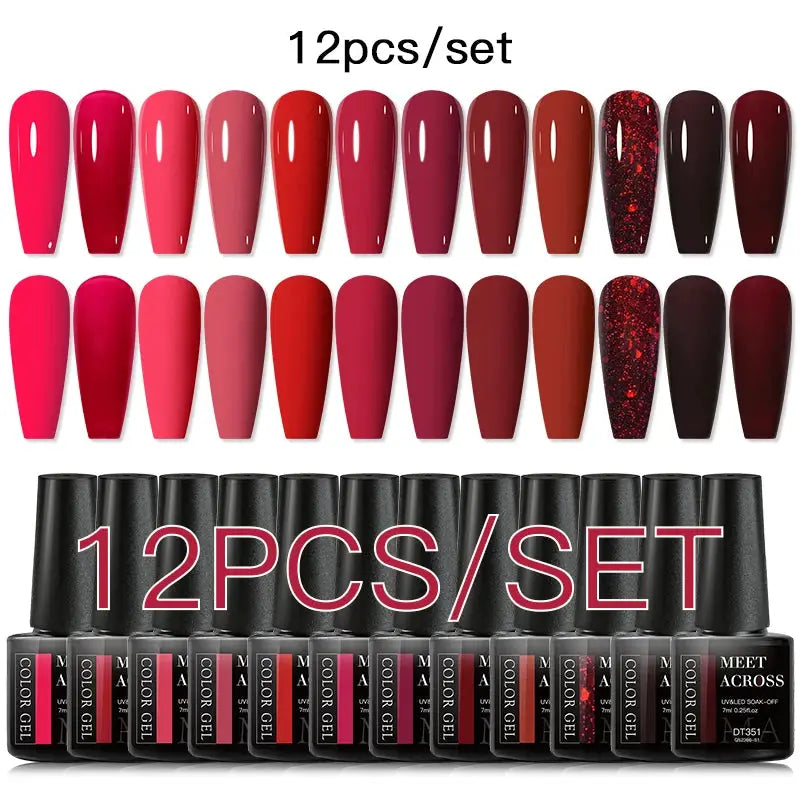 Gel nail polish set 12-piece with pink glitter colors by Simples Market