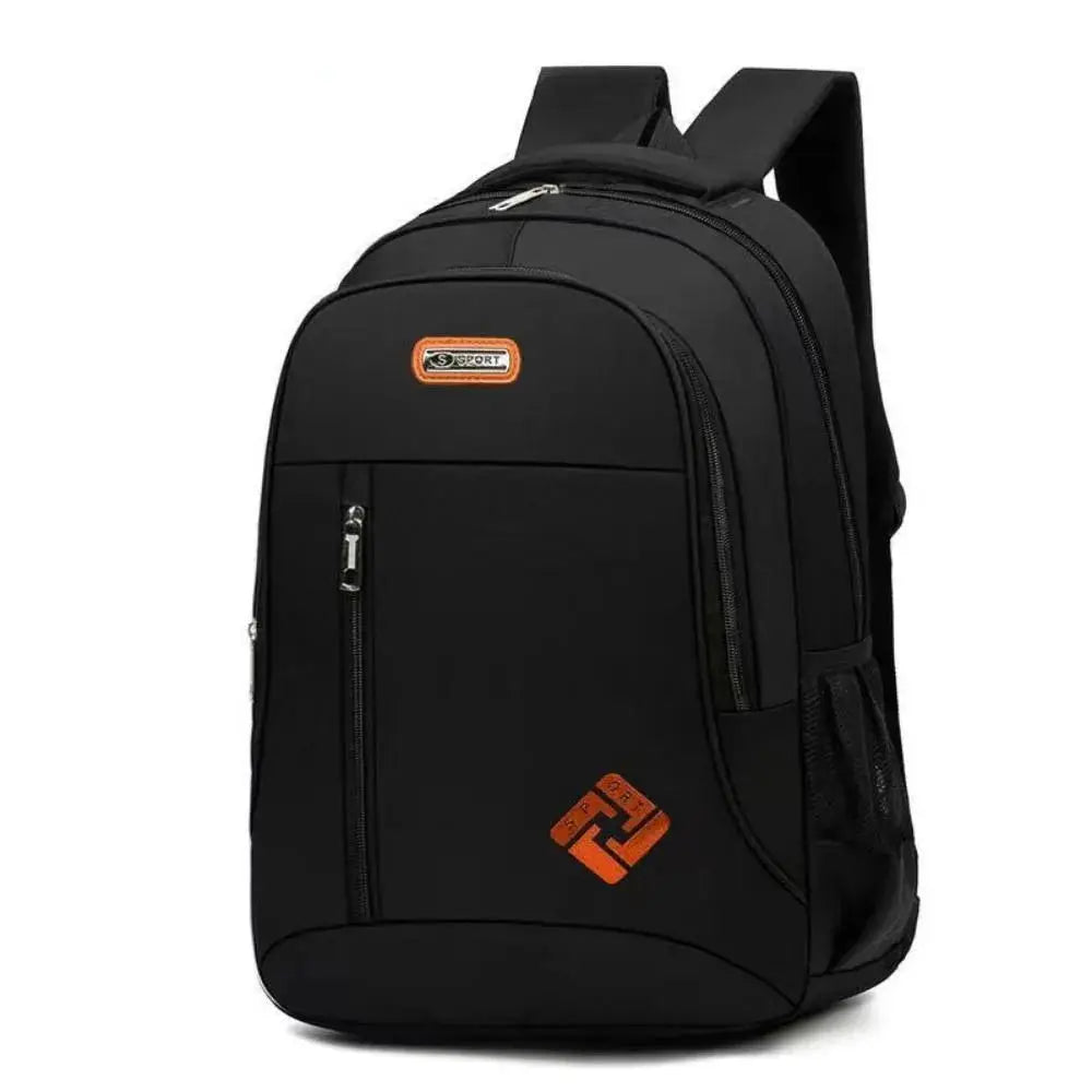 Backpack for men in black with multiple compartments, orange logo patches, and a side mesh pocket.