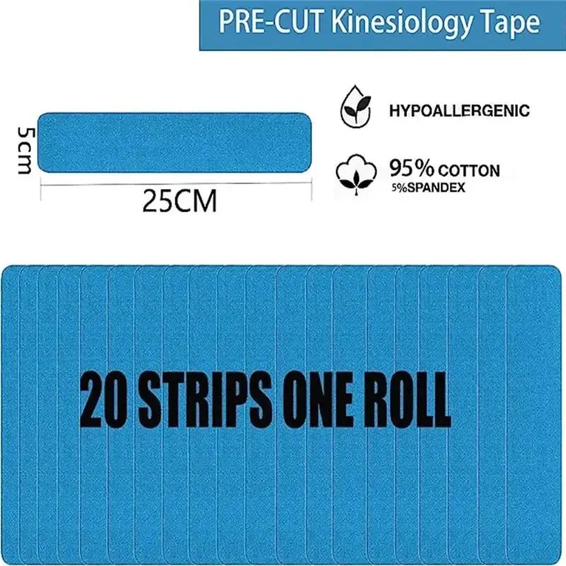 Kinesiology Tape Pro Athletic by Simples Market, blue pre-cut strips on one roll, hypoallergenic cotton-spandex blend.