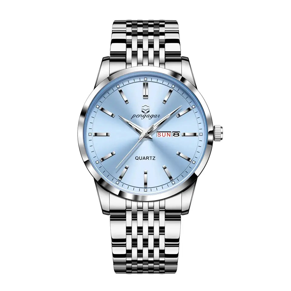 PAAZOMU men's stainless steel quartz watch with light blue dial, day/date window, waterproof metal bracelet.