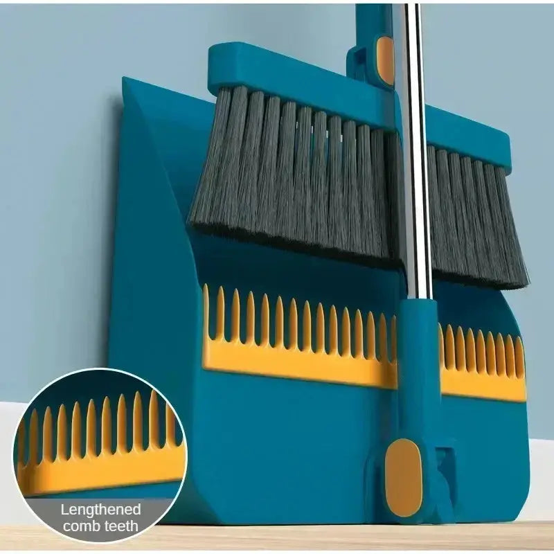 Simples Market blue broom set with yellow comb teeth, dustpan and brush, foldable shovel style
