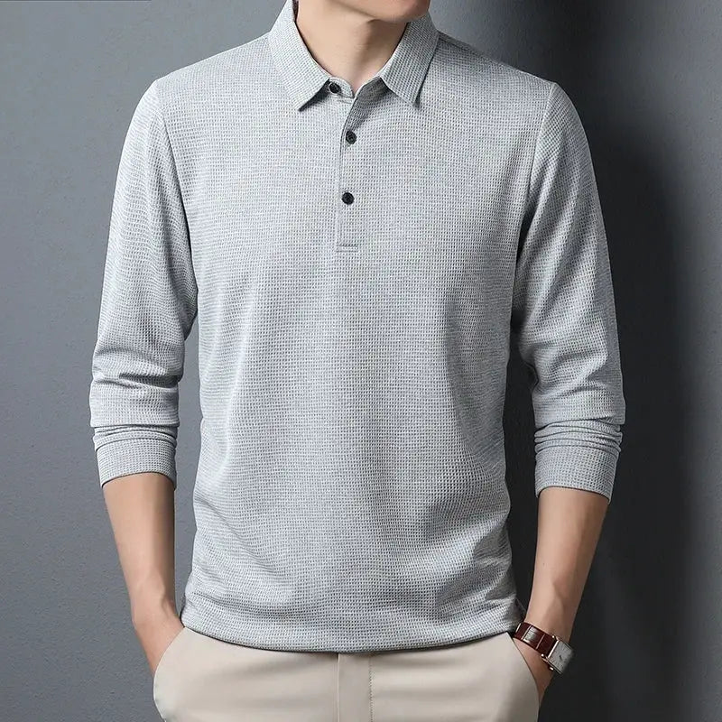 Men's Simples Market long-sleeve polo shirt in light gray, business casual top