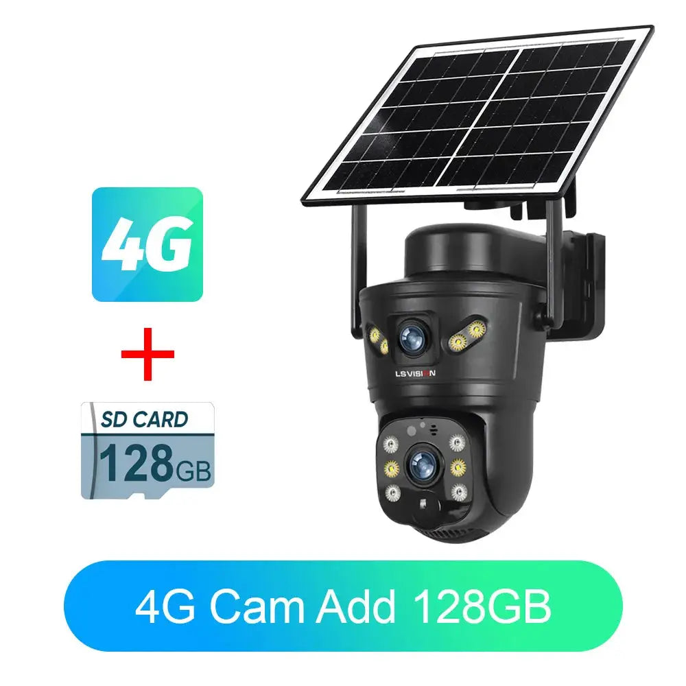 Simples Market LS VISION 4G/WIFI outdoor solar camera with 8MP dual lens, night vision, waterproof, includes 128GB SD card
