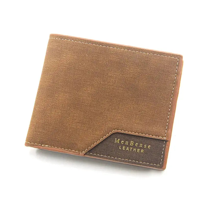 Men's brown frosted leather wallet with diagonal stitch accent and MenBense Leather patch