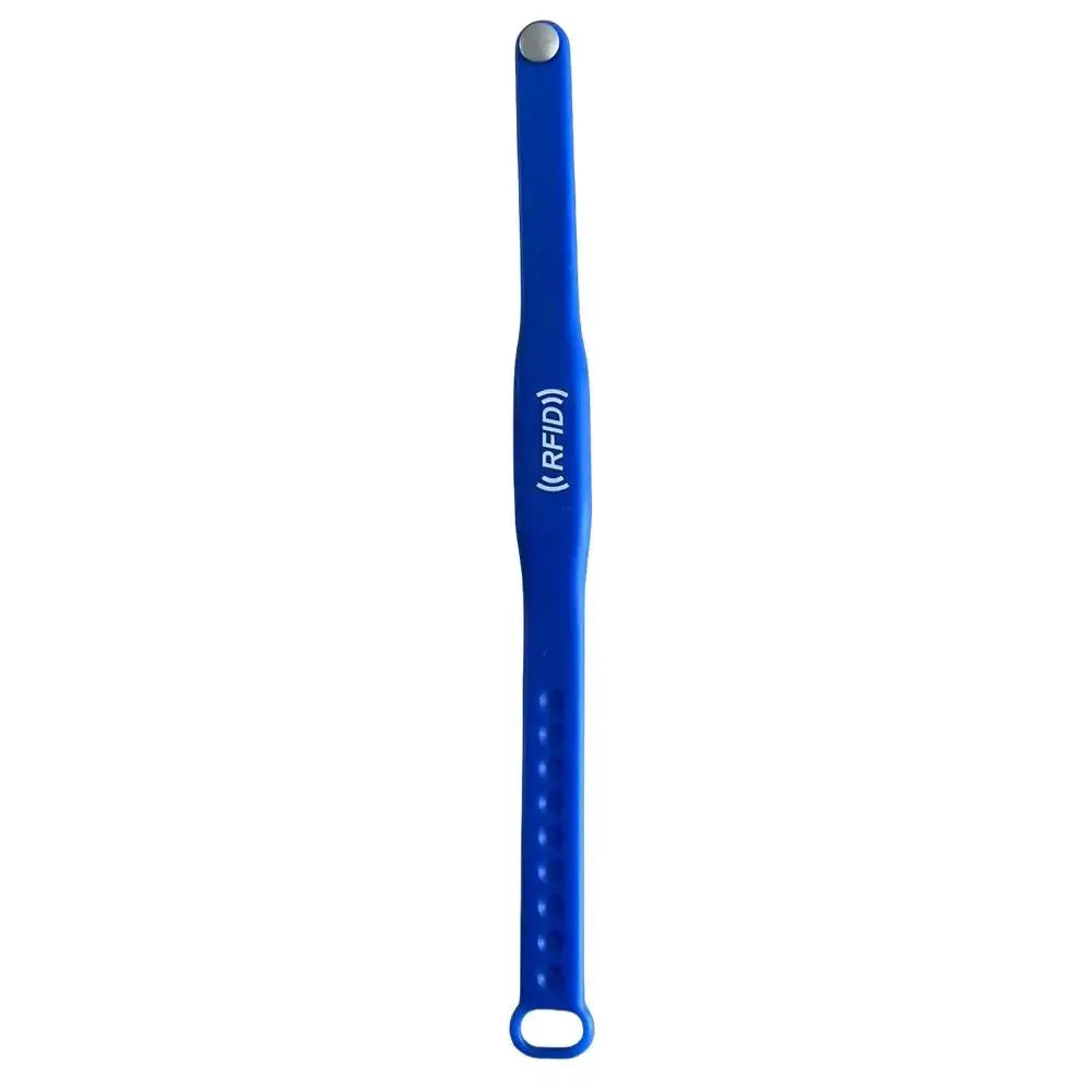 RFID keyfob, blue with white RFID waves logo, lanyard hole.