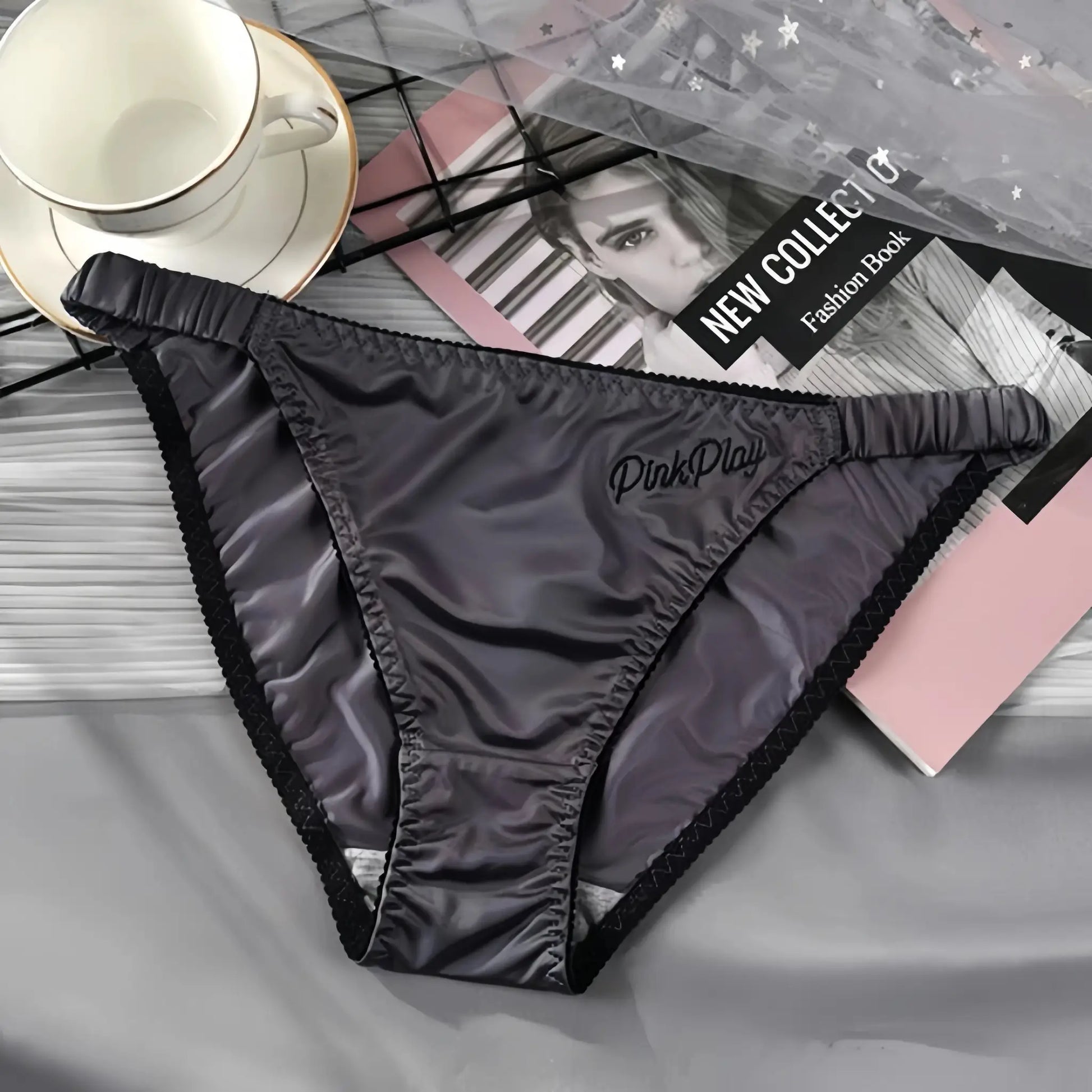 PinkDoll satin gray panties (2 pairs) with black trim and elastic waistband