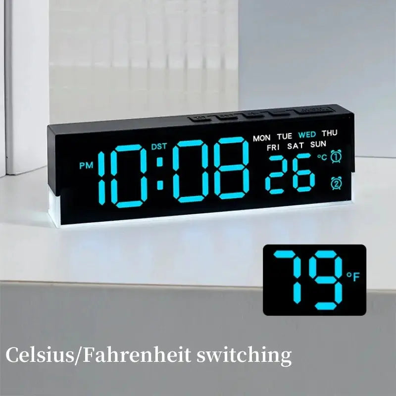 USB powered digital alarm clock with blue LED display, black case and white mood light