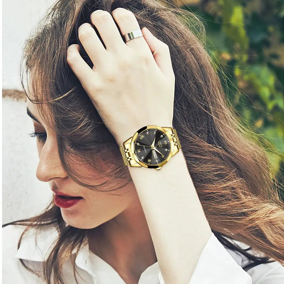 LIGE gold-tone luxury women's wristwatch with black dial and metal bracelet