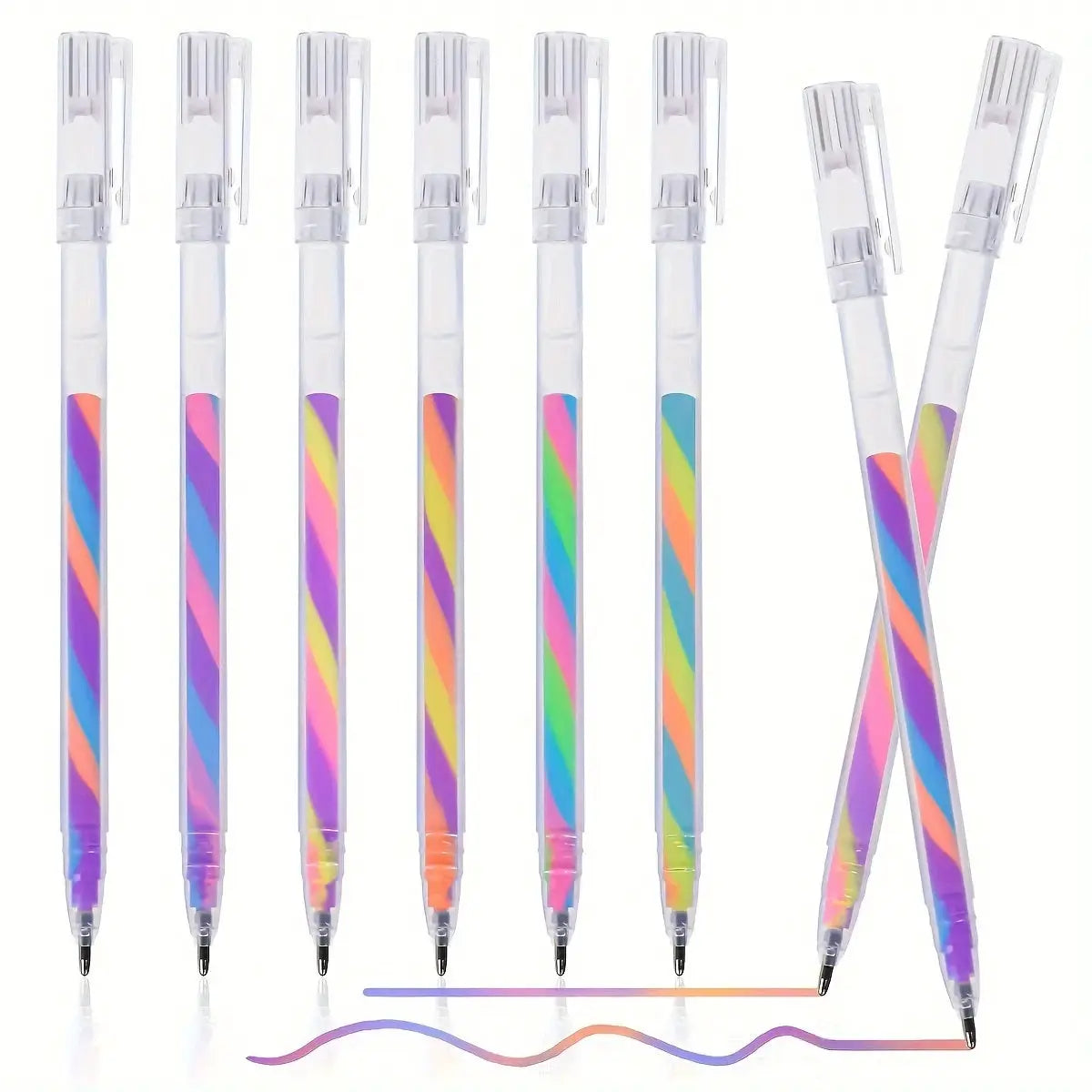 6pc glitter gel highlighter pens set with pastel rainbow striped barrels and 1.2mm tips