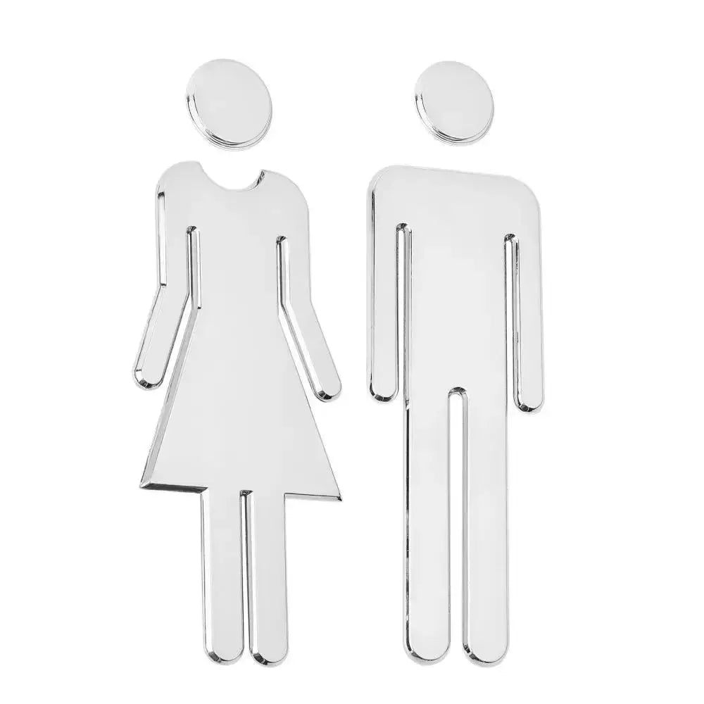 3D chrome metal toilet door sign set featuring female and male figures for restroom, removable wall decor