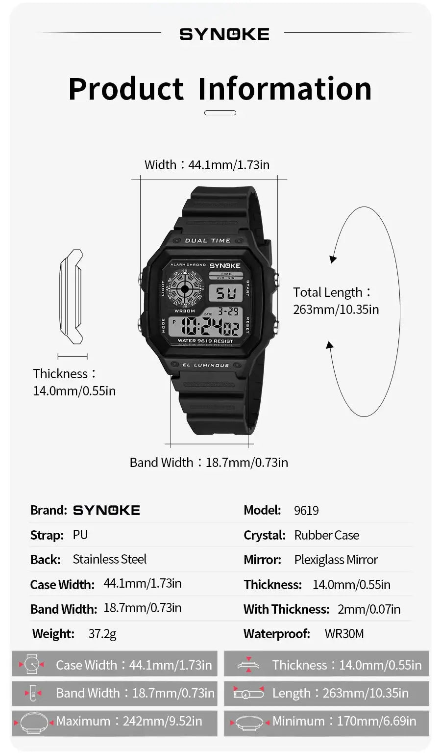 SYNOKE outdoor military digital watch for men, black PU strap, waterproof